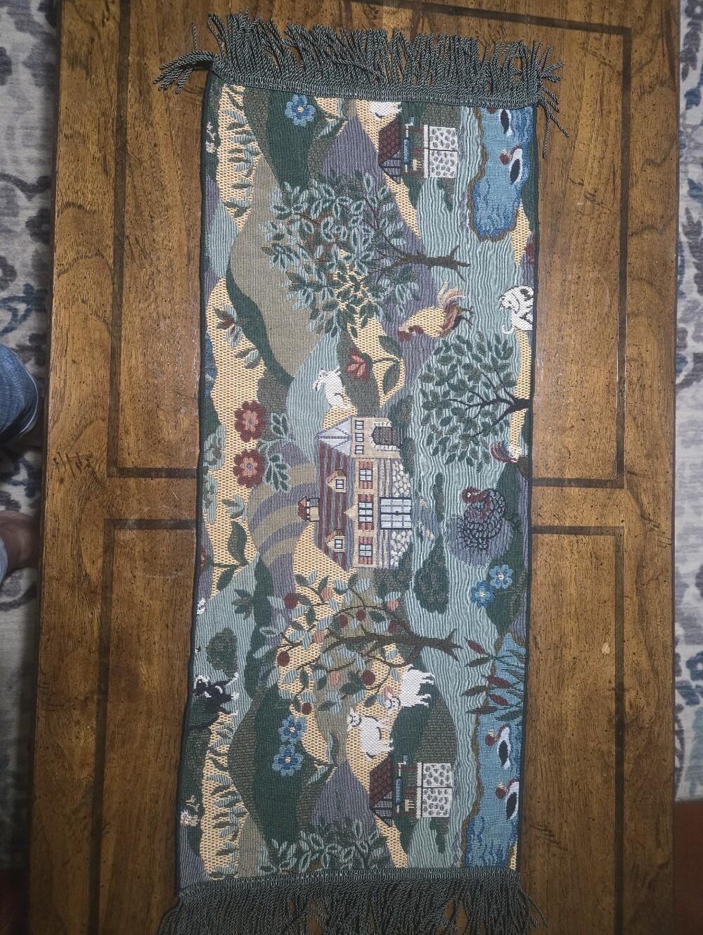 Scenic Tapestry Runner with Fringe - Village Motif. Size 33 Inches × 13 Inches